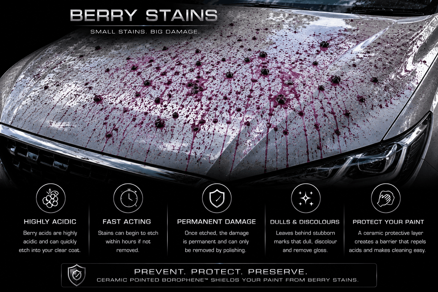 Automotive paint affected by tree sap, tar and organic staining contaminants