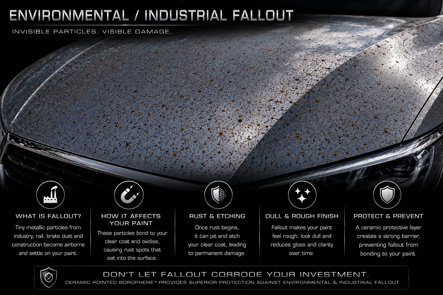 Automotive paint fallout test panel showing embedded environmental contamination